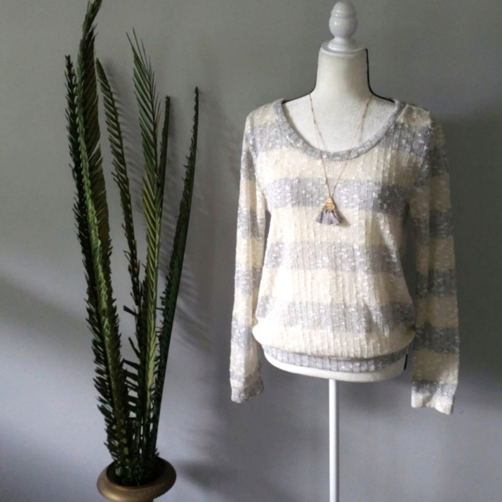 First Feeling textured gray and cream striped sweater
